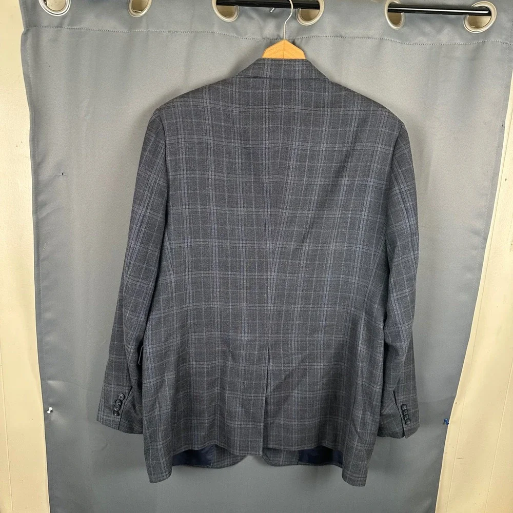 John W. Nordstrom Mens 44L Blazer Sport Coat Grey Blue Plaid Silk Wool Blend